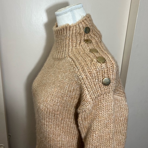 NWT Topshop tan amber funnel mock neck button shoulder fuzzy chunky sweater XS - Picture 4 of 15